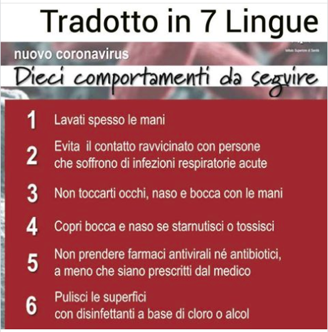 Corona Virus tradotto in 7 lingue il Decalogo del Ministero delle Salute – 10 comportamenti da seguire